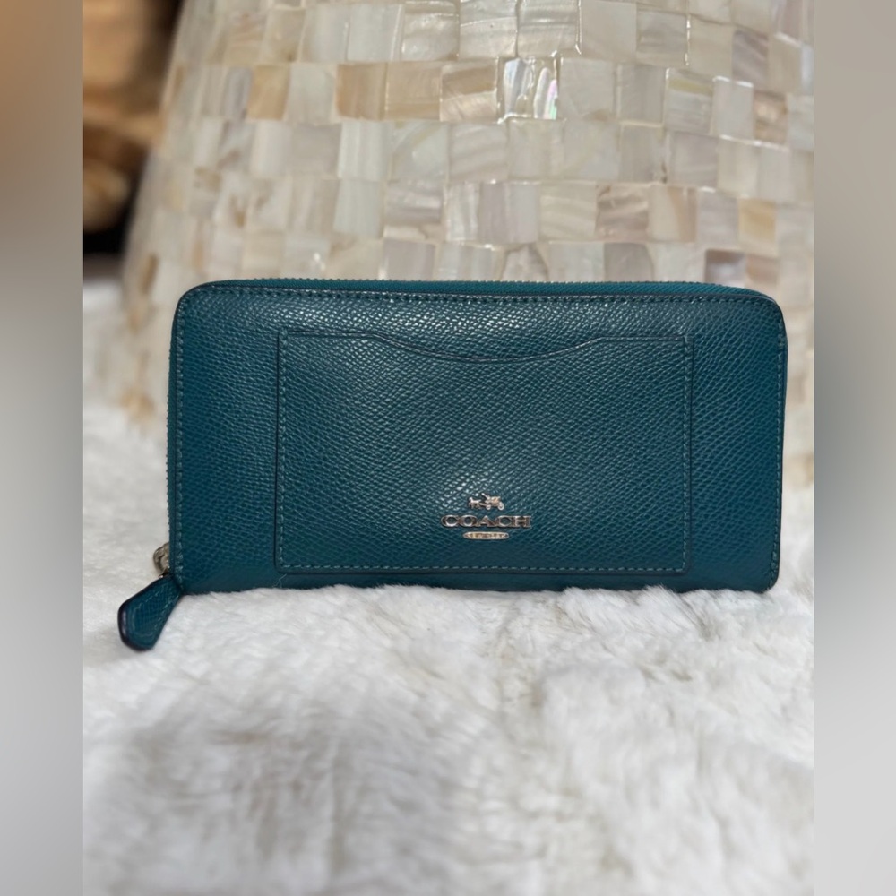 Coach teal leather long zippy wallet